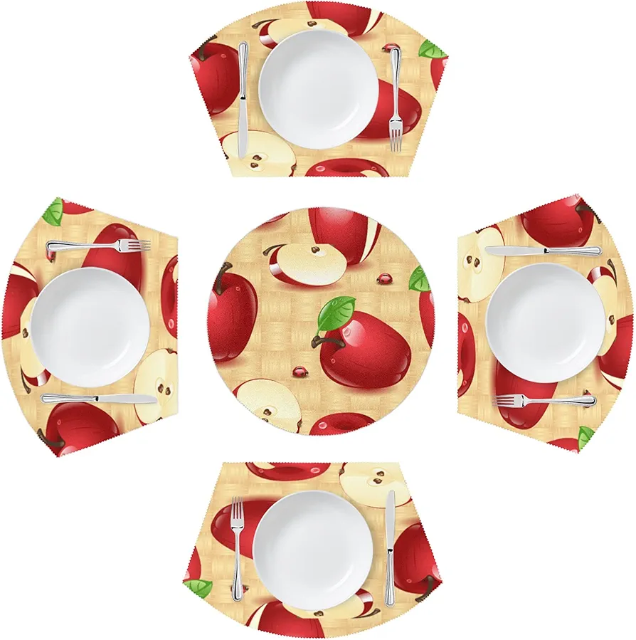 Placemats for Round Tables Set of 5 Delicious Apple Pattern 4 Wedge Table mats 1 Round Table mats Washable Heat Resistant Non-Slip Dining Table for Kitchen Outdoor Modern Placemat
