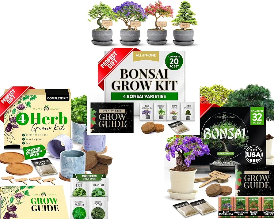 HOME GROWN Gardening Gift Set – Bonsai Tree Kit & Bonsai Kit & Indoor Herb Garden Kit with Glazed Ceramic Pots – Perfect for Women, Men, Moms, and Plant Lovers
