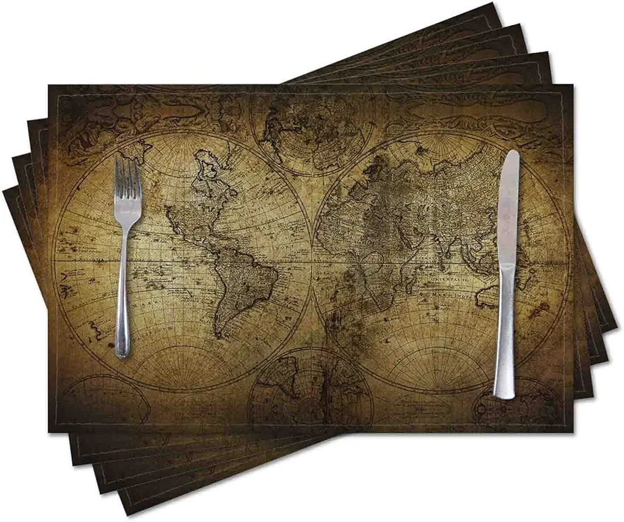 Placemats Set of 4,Vintage Map,Washable Burlap Woven Heat Resistant Placemat for Dinning Table,Farmhouse,Outdoor,18X12 Inch