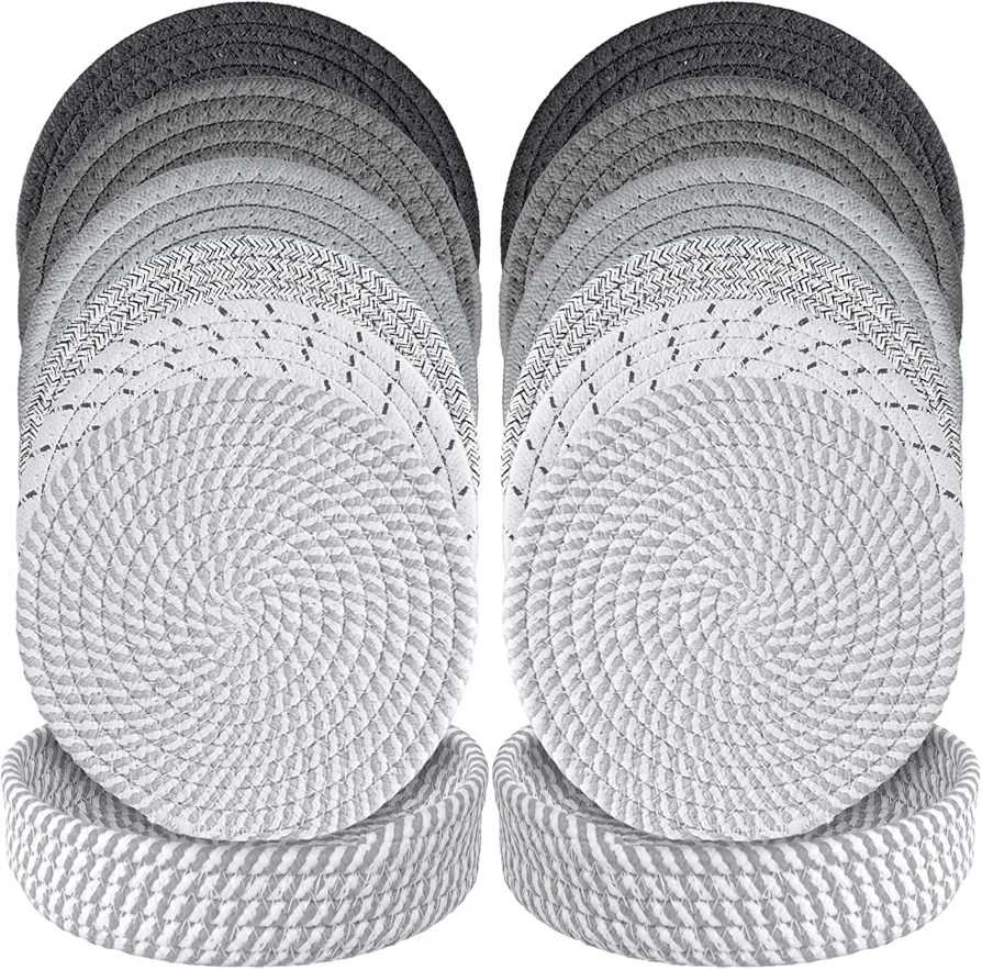 12 Pieces 7 Inch Trivet Mats for Hot Dishes with 2 Storage Basket Heat Resistant Pot Holders for Kitchen Hot Plate Mats for Table Countertop Home Essentials Decorations for Home and Farmhouse, Grey