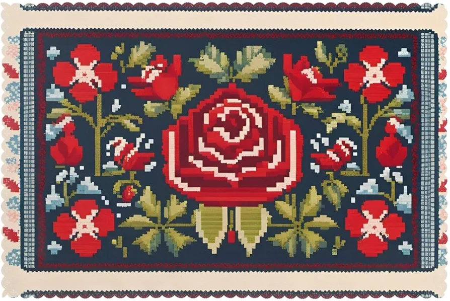 Ukrainian Embroidery Style Rose Placemats for Dining Table Set of 6 - Thick, Wear-Resistant, and Heat-Resistant Table Mats 12x18in