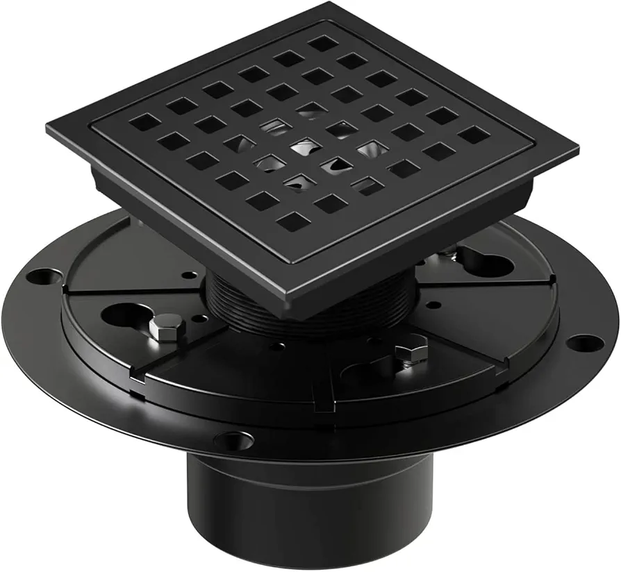 4 3/8 Inch Shower Drain Matte Black, Square Bathroom Floor Drain, Stainless Steel Drain Kit with Flange, Removable Grid Cover, Hair Strainer