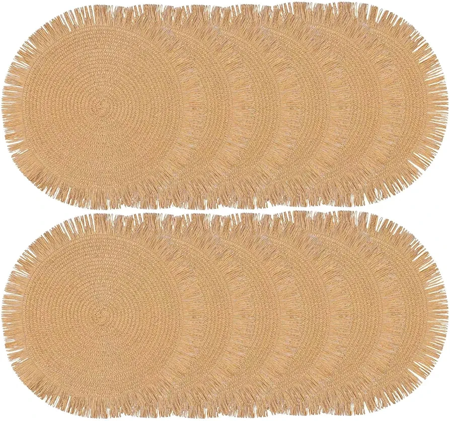 Round Woven Paper Placemats Set of 12 Braided 15 Inches Indoor Outdoor Place Mats for Dining Tables Natural Farmhouse Rustic Heat Resistant Table mats Decor for Thanksgiving (Brown, 12)