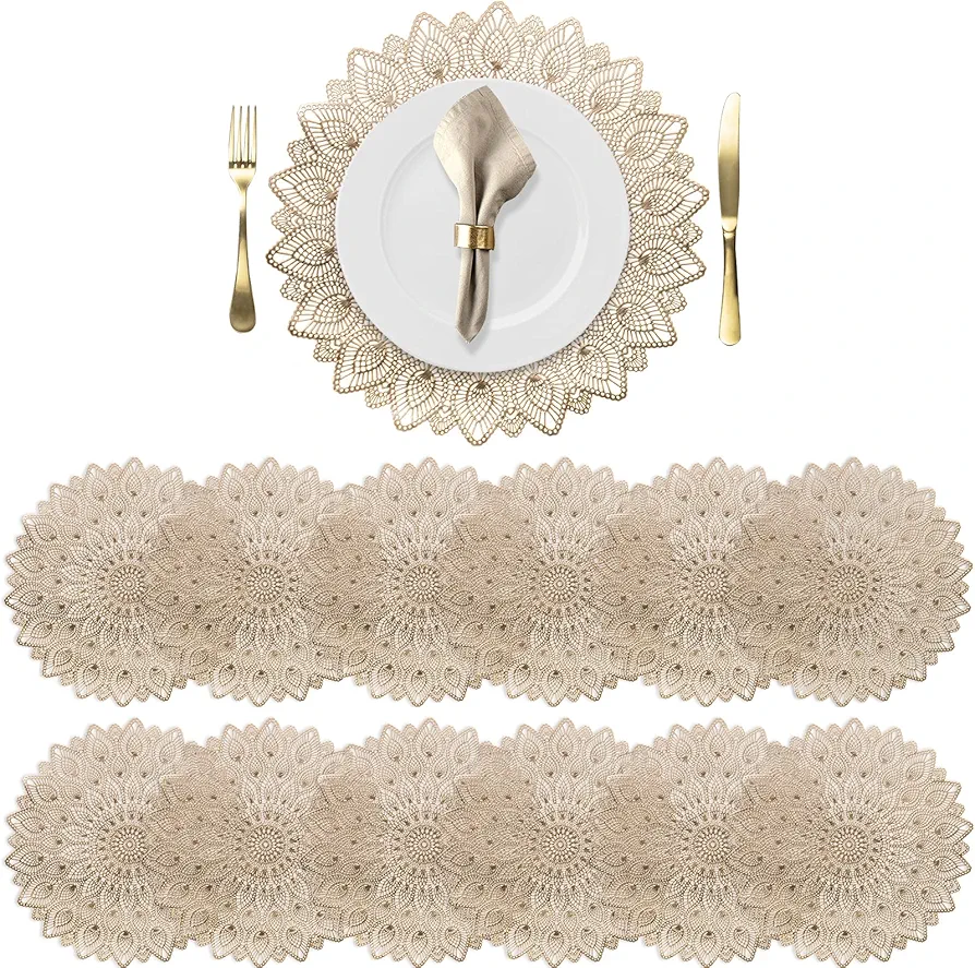 Nicunom 12 Pack Gold Vinyl Placemats, Metallic Place Mat Gold Round Placemat Heat Resistant Kitchen Dining Table Mats for Christmas Thanksgiving Wedding Centerpiece Decoration
