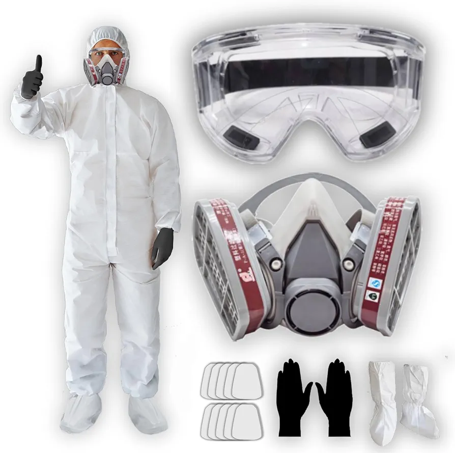 Hazmat Paint Suit Plus Full Face Respirator Mask And Anti Fog Protection Goggles Full Body Suit Production 6 Sizes + Gloves and Ear Plugs Under The Gas Mask (Medium)