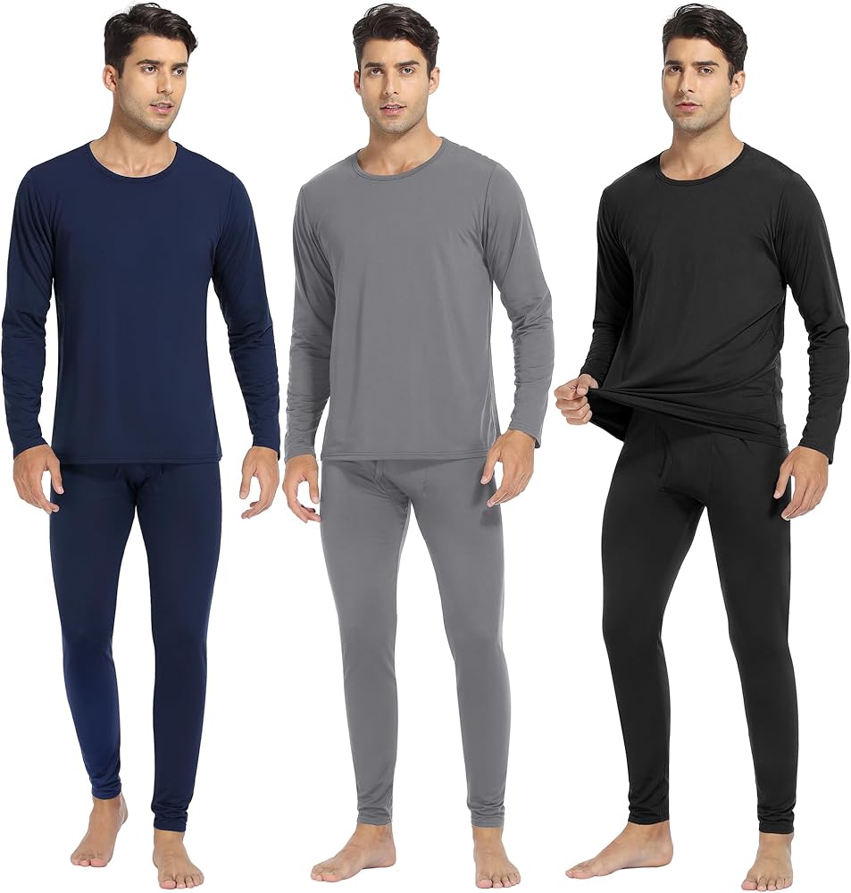 URATOT 3 Sets Men's Thermal Underwear Set Fleece Lined Long Johns Thermal Underwear Base Layer Set for Men Cold Winter