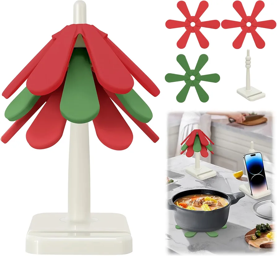 Silicagel Christmas Tree Trivets for Hot Dishes, Set of 3 Foldable Anti Slip Tree Coasters & 1 Stand, Heat Resistant Table Mat Kitchen Accessories for Hot Dishes, Pot/Bowl, Teapot, Hot Pot