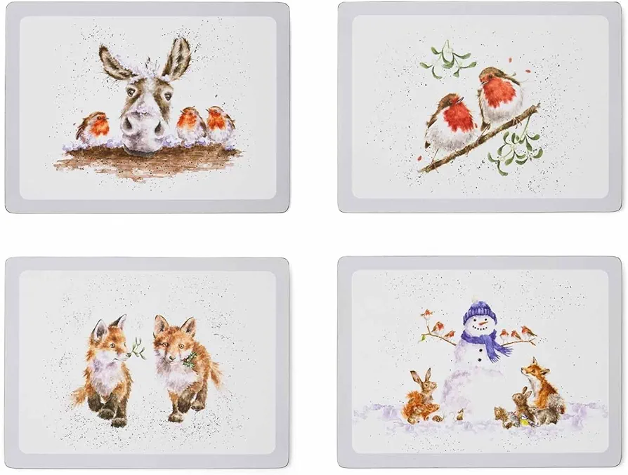 Pimpernel Wrendale Designs Christmas Placemats | Set of 4 | Heat Resistant Mats | Cork-Backed Board | Hard Placemat Set for Dining Table | Measures 15.7” x 11.7”