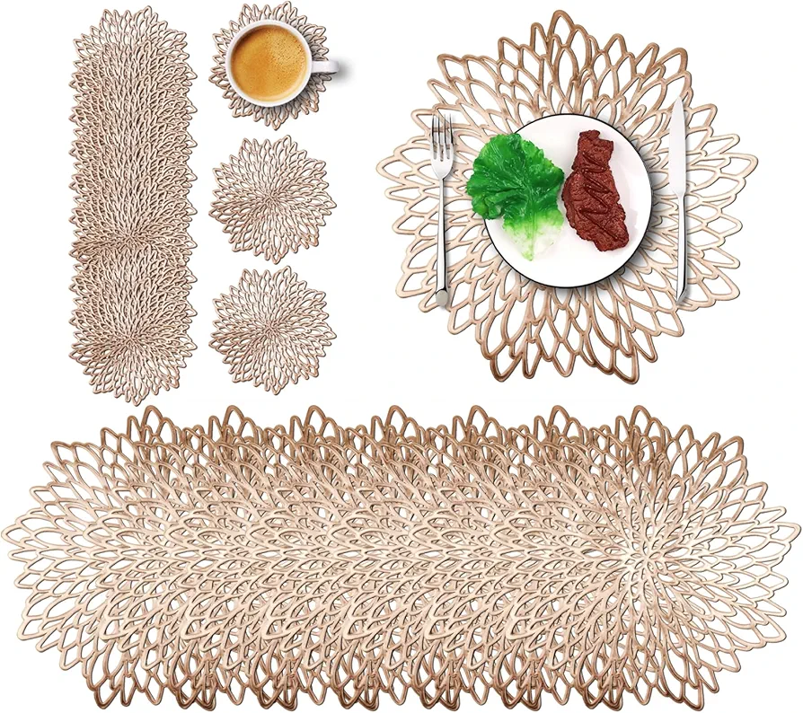 Krijues 15" Round Pressed Vinyl Placemats Coasters Set 12PCS, Heat Resistant Washable Round Table Mates for Outdoor Party/Wedding/Indoor Party(Gold)