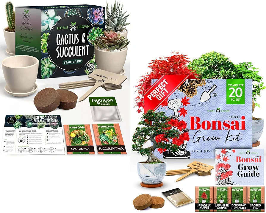 HOME GROWN Bonsai Tree Kit and Succulent & Cactus Seed Kit for Men and Women – Complete Starter Sets with Pots, Seeds, Soil, and Tools for Gardeners & Plant Lovers.