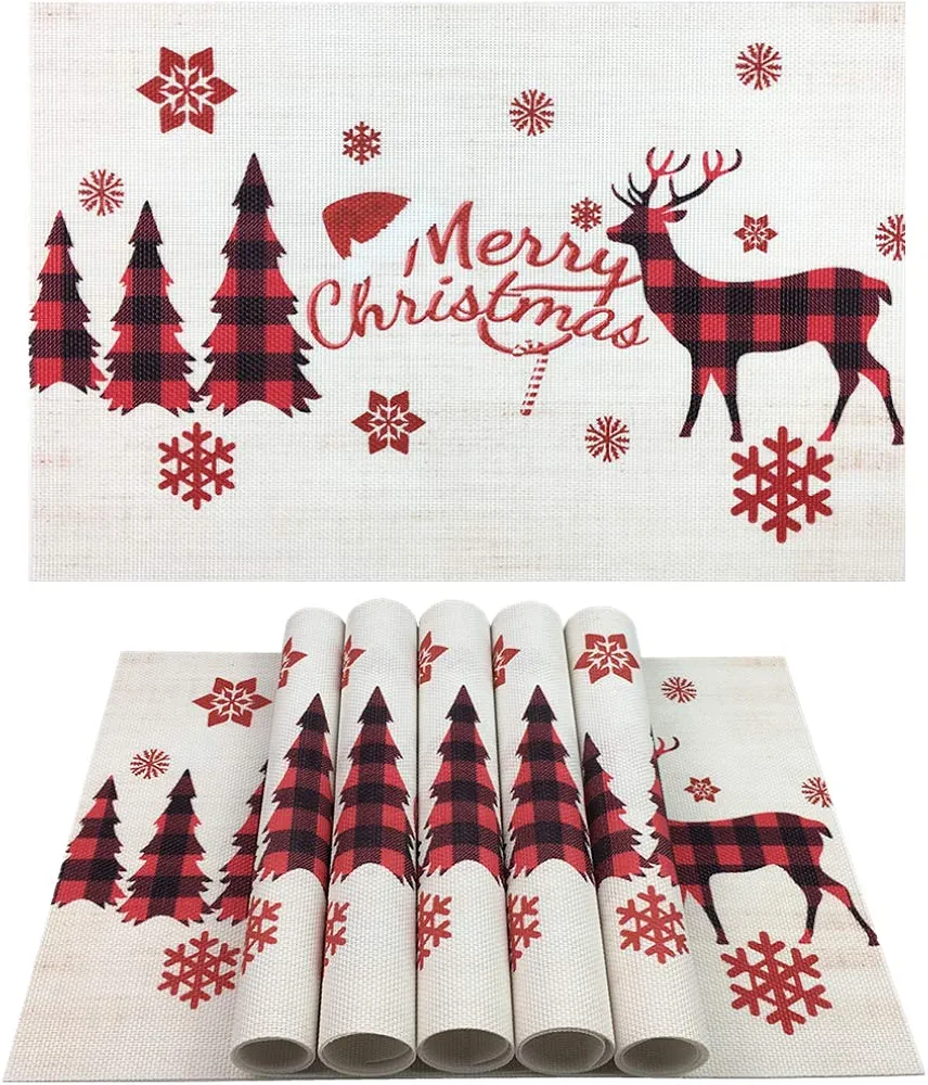 WAZAIGUR Place Mats for Kitchen/Dinner Table,Christmas Placemats,Reindeer Snowflake Christmas Trees Washable Easy to Clean Heat-Resistant Non Slip PVC Woven Vinyl Placemats Set of 6,Red and White