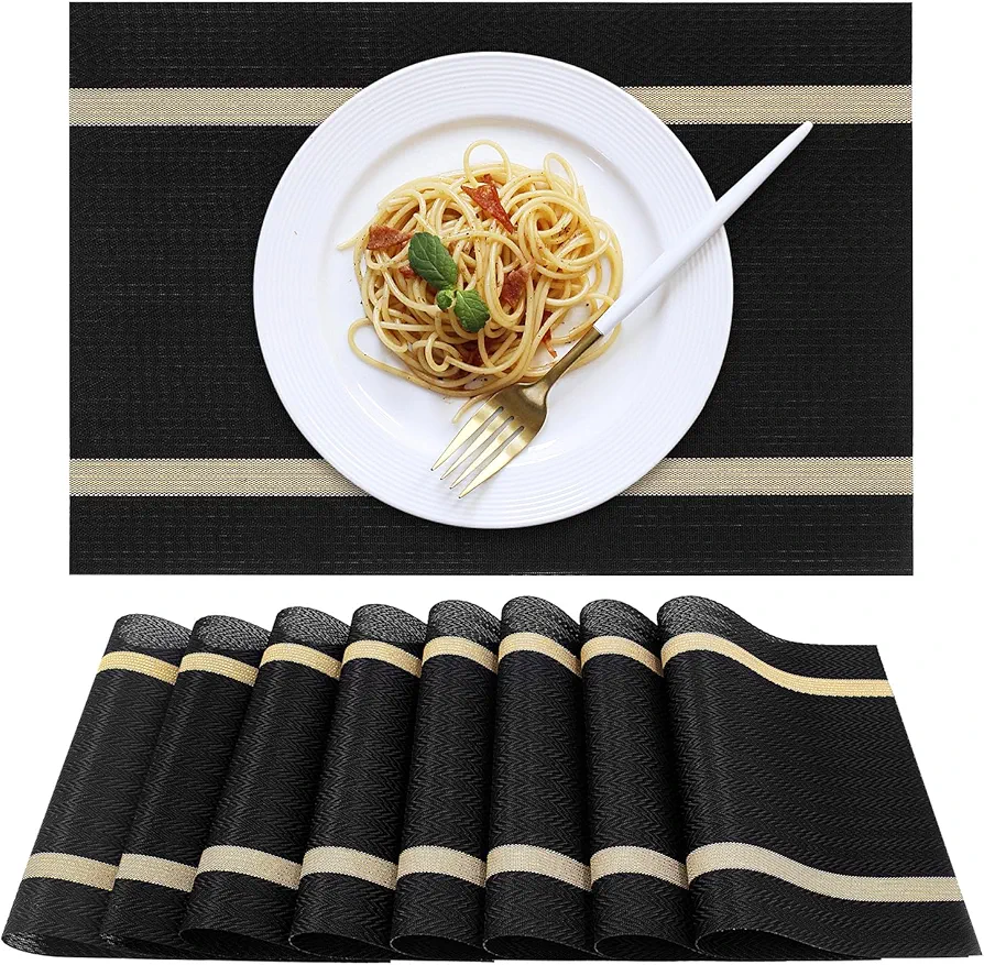 Placemats Set of 8 Vinyl Plastic Woven Place Mats for Kitchen Table Indoor/Outdoor Washable Placemat Wipeable Dining Table Mats (Black, Set of 8)