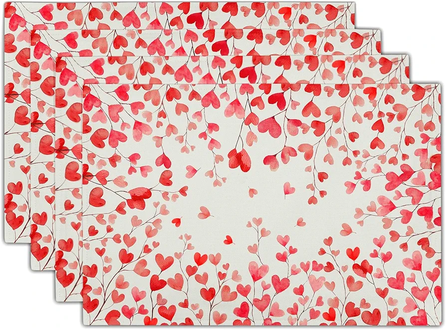 Valentines Day Linen Placemats Set of 4 18x12 Inch Red Heart Love Mother's Day Table Mat Heat-Resistant Washable Wipeable Place Mat for Anniversary Wedding Party Kitchen Dining Home Decor