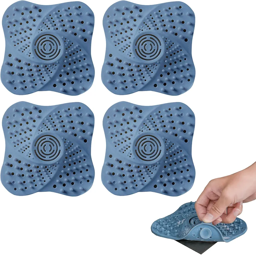 Prevent Blockage, Silicone Floor Drain Filter, Built-in Suction Cup Bathtub Drain Cover, Easy to Install Suitable for Bathroom Bathtub Kitchen Blue Four Pack