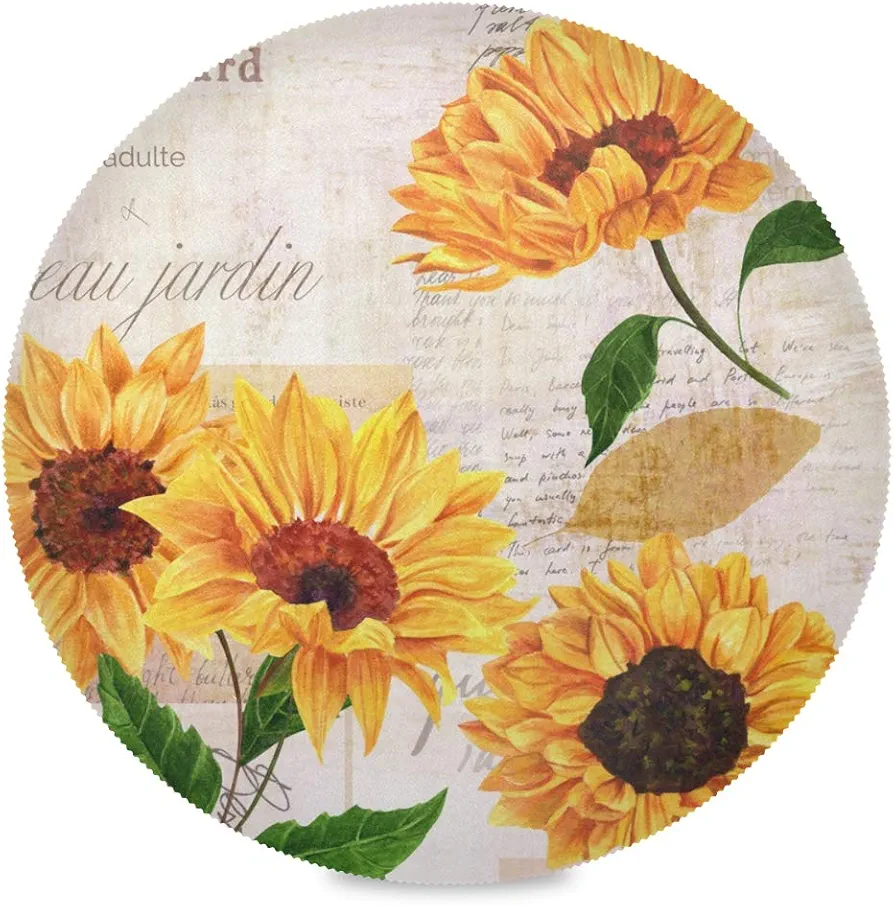 Qilmy Sunflower Round Placemats Non-Slip Washable Polyester Table Mats Set of 4 Heat Resistant Placemats for Kitchen Dining Table Decoration