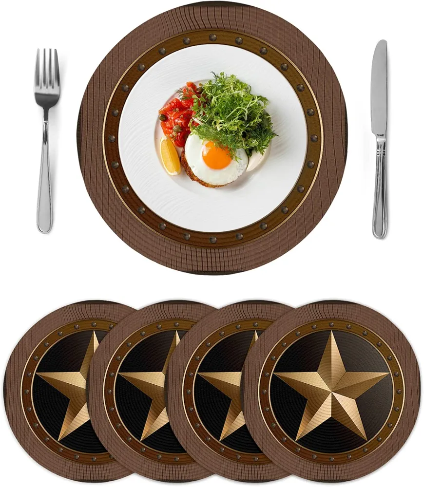 Western Texas Star Round Placemats Set of 4, Washable Non-Slip Table Mats for Dining Table Home Decoration, Woven Heat-Resistant Place Mats for Kitchen Tables, Rustic Wood