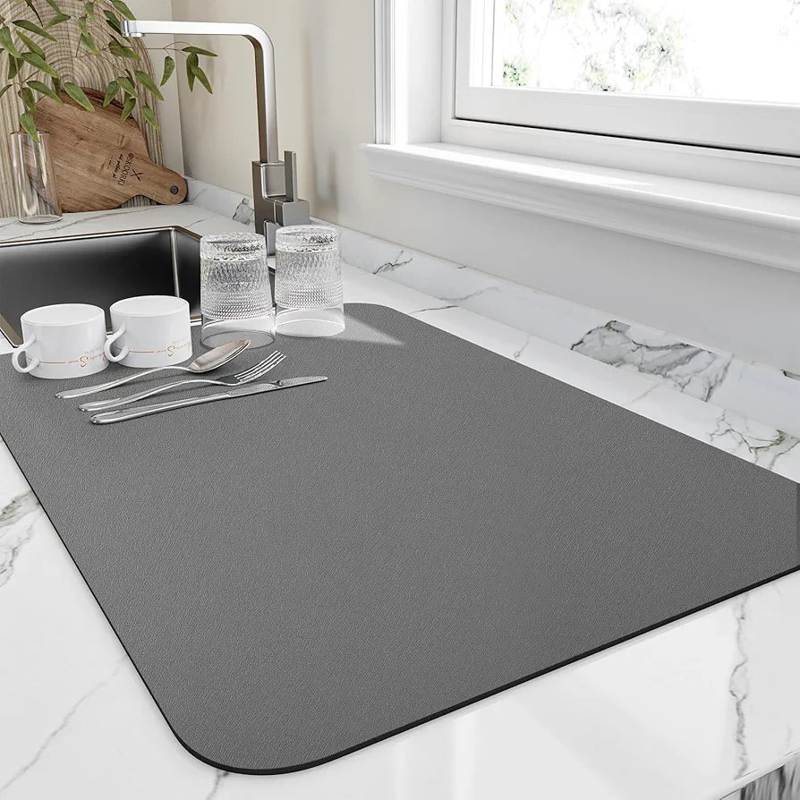 Dish Drying Mat for Kitchen Counter, Heat Resistant Drainer Mats with Non-slip Rubber Backed, Hide Stain Kitchen Super Absorbent Draining Mat, Easy to Clean Dish Rack Pad, Dark Grey 16"x20"