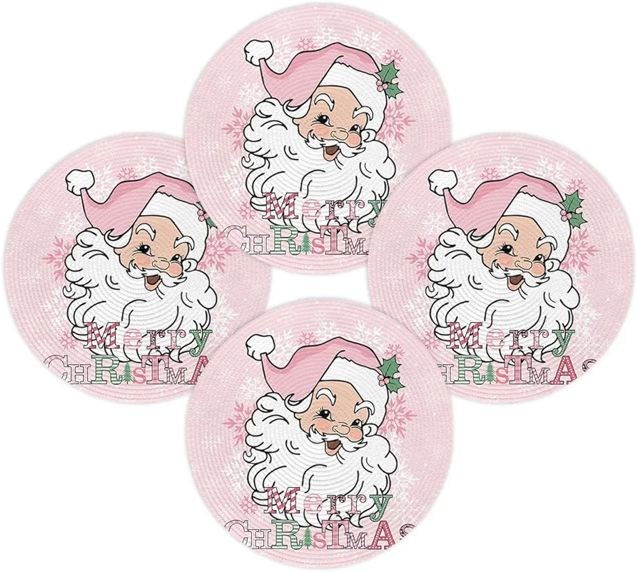 Christmas Round Placemats Set of 4 Santa Claus Place Mats Washable Woven Placemat Snowflake Holly Pink Circle Braided Heat Resistant Table Mat for Kitchen Dining Table Holiday Party Xmas Decor 15 Inch
