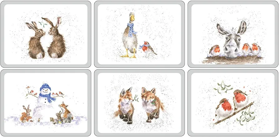 Pimpernel Wrendale Designs Christmas Placemats | Set of 6 | Heat Resistant Mats | Cork-Backed Board | Hard Placemat | Measures 12 x 9 inch