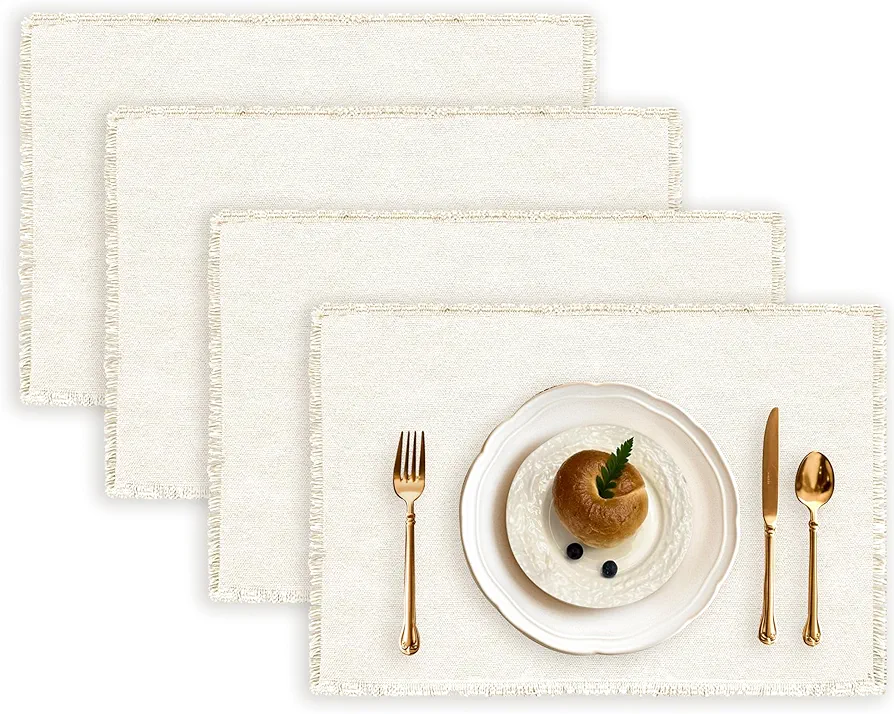 100% Cotton Placemats Set of 4, 13 x 19 Inch Woven Cloth Placemats Boho Rectangular Washable Placemats Linen Fabric Heat Resistant Placemats for Kitchen and Dining Tables, Beige