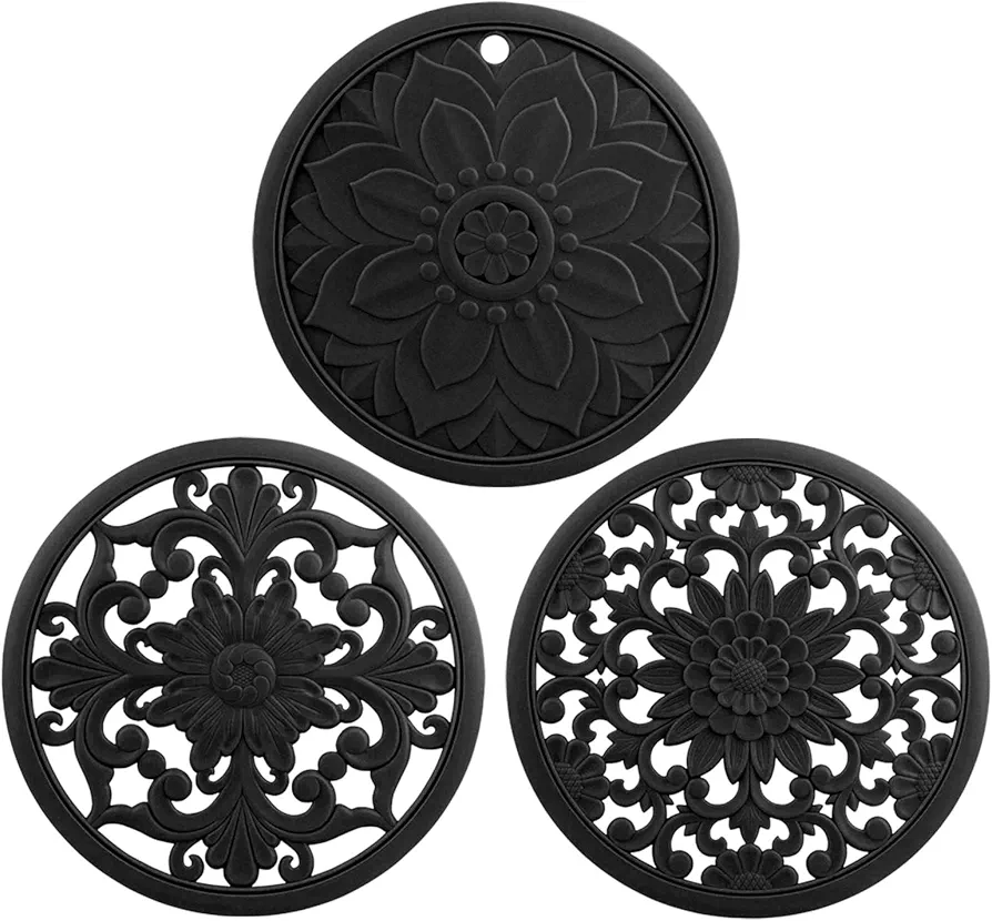 Smithcraft Trivets for Hot Dishes, Hot Pads Kitchen, Silicone Pot Holders, Silicone Mats for Kitchen Counter, Trivet for Hot Pots & Pans, Heat Resistant Mat for Table, Round Trivet Mat Set 3 Black