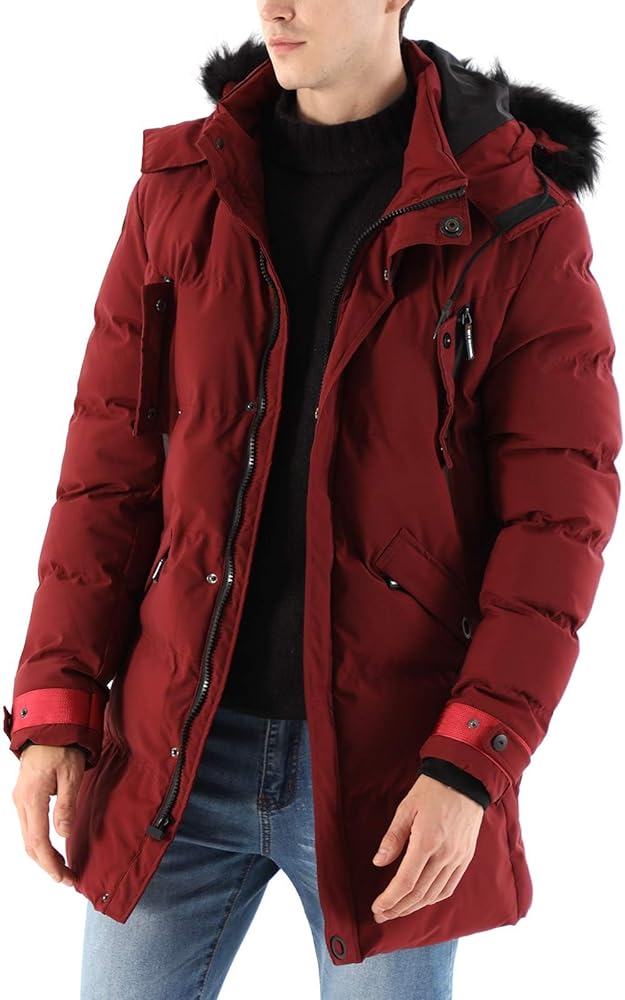 WEEN CHARM Men's Warm Parka Ski Jacket Water Resistant Puffer Jacket Long Winter Coat with Detachable Hood Faux-Fur Trim