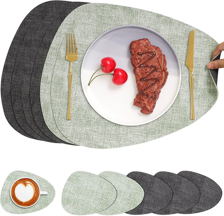 Placemats and Coasters, Washable Reversible Placemats Round Faux Leather Wipeable Place Mats Non Slip Heat Resistant Indoor Outdoor Table Mats (Set of 6, Gray Green)