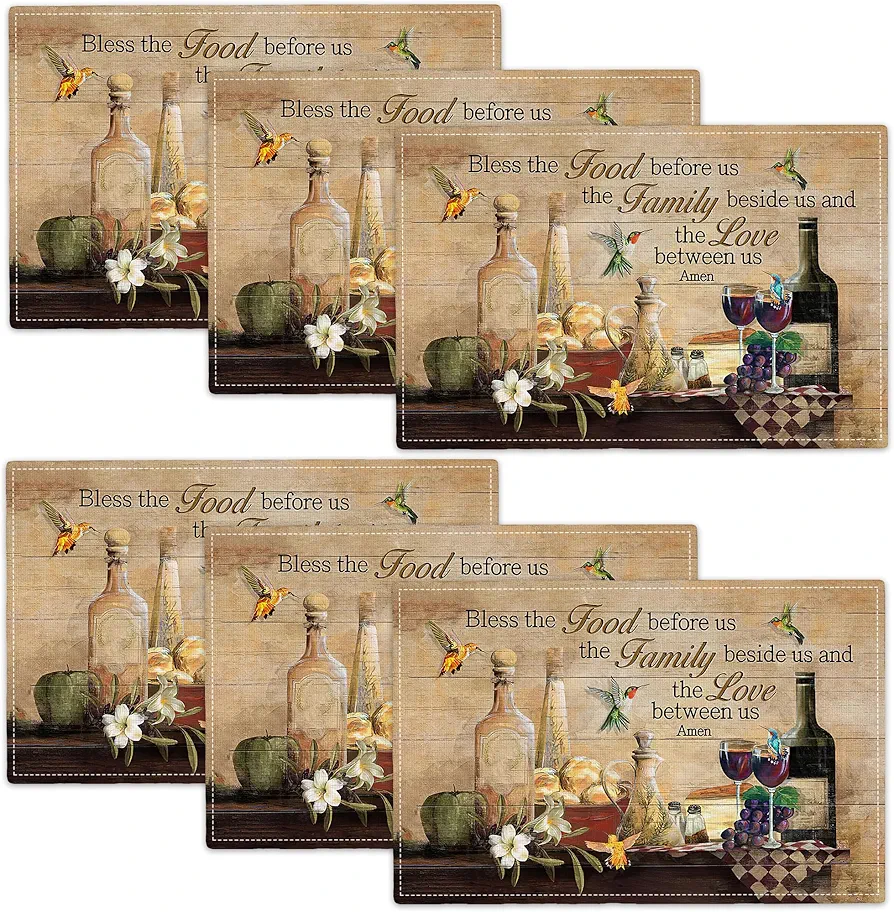 Vintage Wine Placemats Set of 6 Farmhouse Wine Glass Imitation Linen Placemat Heat Resistant Dining Blessed Christian Table Place Mats Hummingbird Plate Mats for Kitchen Indoor Restaurant 12''x18''