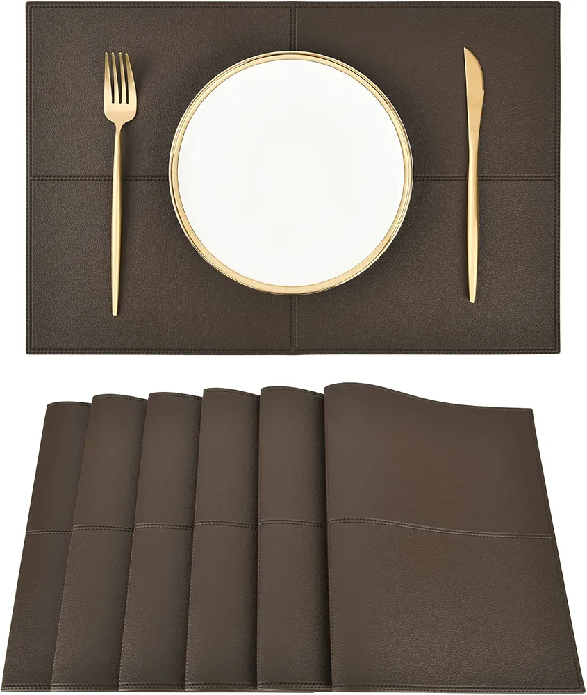 Decorative Faux Leather Placemats Set of 6 Waterproof Heat Resistant Easy to Clean Washable Table Mats for Kitchen Dining Table,Dark Brown