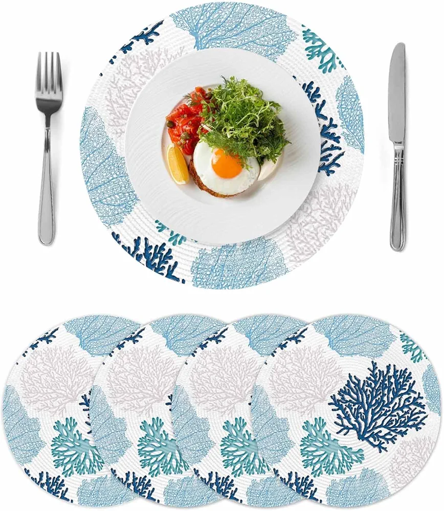 Round Placemats Set of 4 Nautical Coastal Ocean Coral Seashell Table Mats for Dining Table Beach Placemat Placemat Round Woven Washable Heat Resistant Place Mats 15 Inch for Party BBQ Everyday Use
