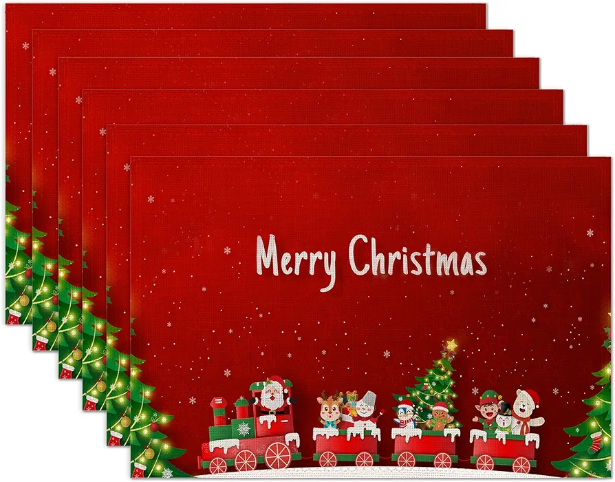 Placemats Set of 6,Christmas Santa Claus Linen Place Mats,Modern Washable Table Placemats 12"x18" Heat Resistant Table Mats for Dining Kitchen Party Holiday Decoration