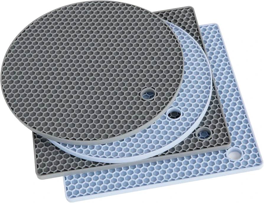 Trivet Mats, Silicone Pot Holders for Hot Pan and Pot Pads. Heat Resistant Counter Mats for Tables, Countertops, Spoon Rest and Large Coasters, 4 Pack Color Gray & Blue