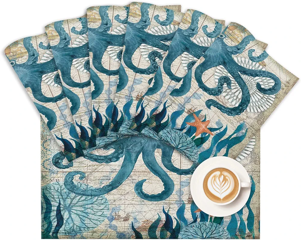Octopus Placemats Set of 4, Ocean Animal Nautical Themed Heat Resistant Placemat Washable Cotton Linen Table Mats Retro Party Holiday Decorations for Home Kitchen Dining Table Outdoor Indoor