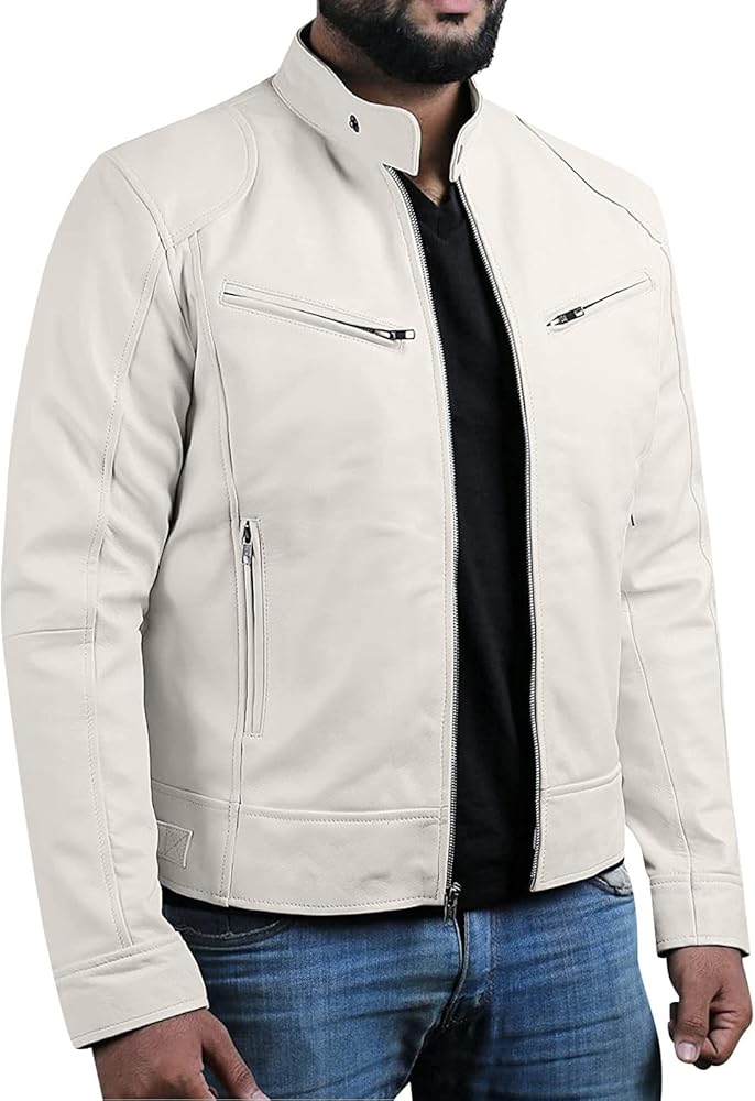 ADHOWBEW Mens Leather Jacket Stand Collar Windbreaker Zip Up Fashion Motorcycle Jackets