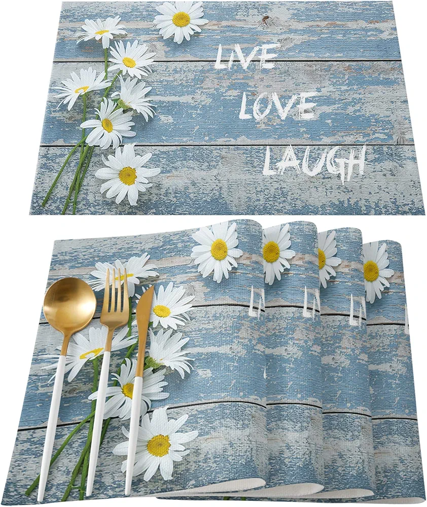 Rustic Placemats Set of 6 Dinner Cotton Linen Burlap Heat Resistant Table Mats Daisy Flower Live Washable Insulation Placemat for Farmhouse Banquet Kitchen Dining Table Decor 13 x 19 Inch