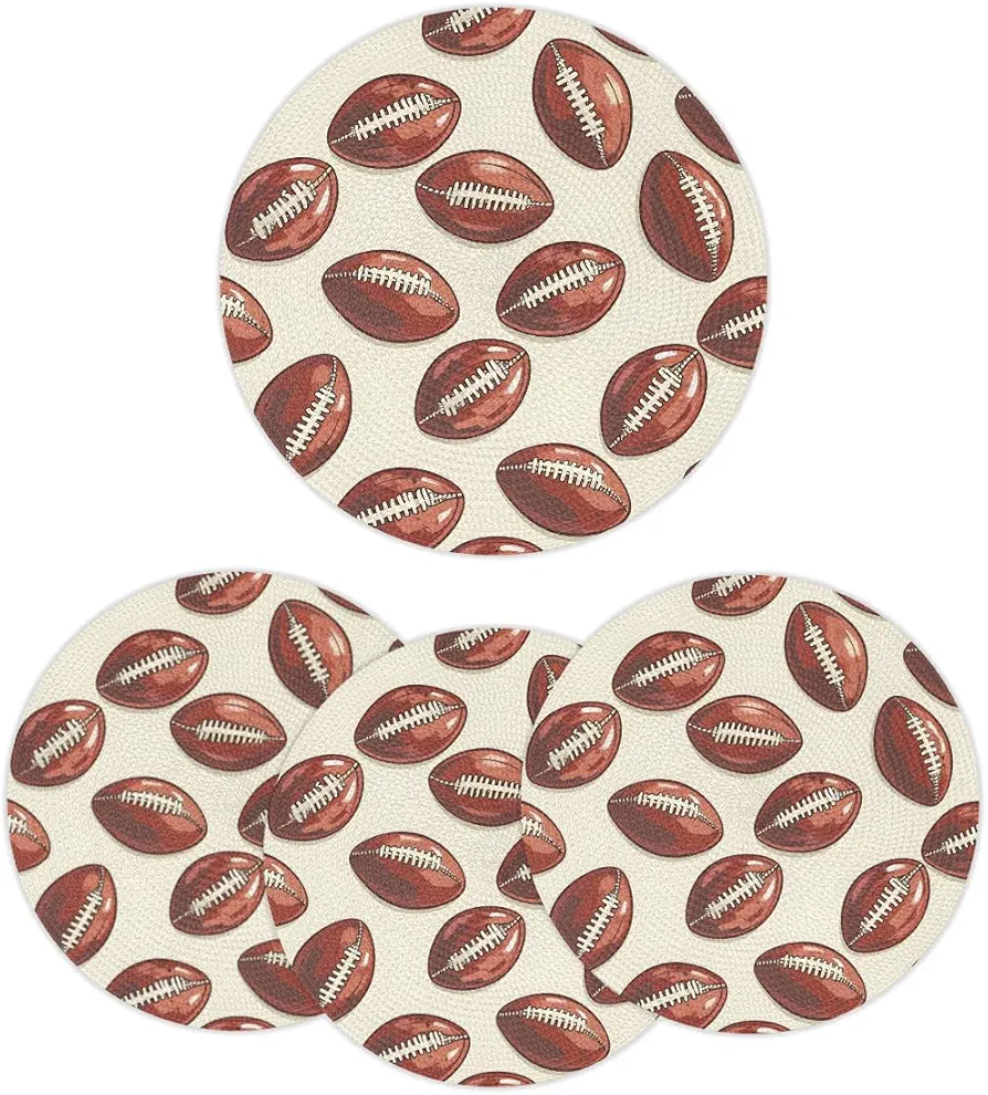 Round Braided Placemats Set of 4, Ball Football Rugby Washable Round Placemats Woven Non-Slip Heat Resistant Table Mats for Farmhouse Kitchen Dining Table Decor