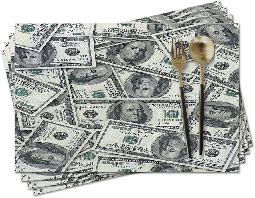 Beige Cotton Linen Cloth Placemats 18 x 12 Inches,Rustic Farmhouse Fabric Placemats Set of 4,Heat Resistant Placemats for Dining Table,Kitchen & Camping - Retro US Dollar Currency Money Pattern