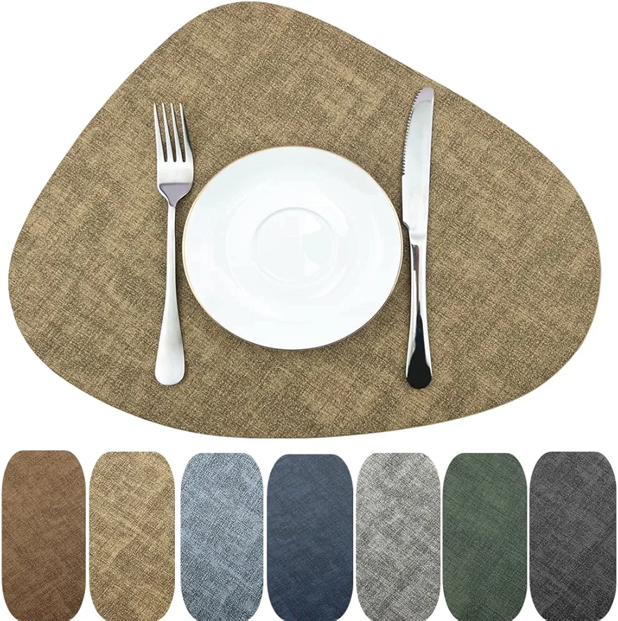WAZAIGUR Washable Wipeable Waterproof Heat Resistant Faux Leather Placemats Set of 6,PU Palce Mats for Indoor and Outdoor,Easy to Clean Table Mats,Khaki