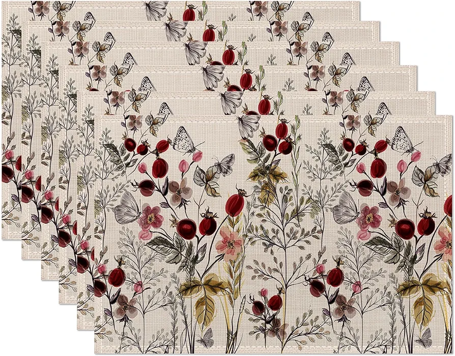 Vintage Floral Plant Placemats Set of 6,Butterfly Flower Linen Washable Kitchen Dining Table Mats Heat Resistant Place Mats for Home Party Indoor Holiday 12x18 Inch