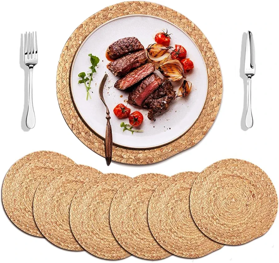 Natural Water Hyacinth Woven Placemats, 13 inches Round Handwoven Boho Vintage Placemats Set of 6 Rattan Plate Chargers Wicker Tablemats Braided Heat Resistant Place Mats for Wedding Party