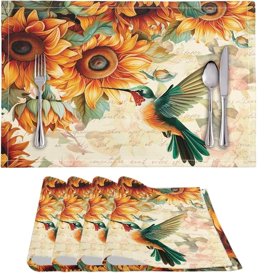 Placemat Kitchen Table Mats 4Pcs Set, Insulation Heat-Resistant Placemats for Outdoor Indoor Party Farmhouse Home Decoration, Hummingbird Sunflower Retro