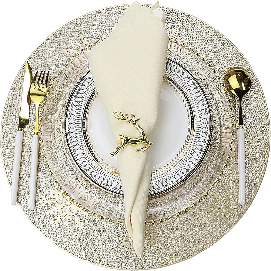 Round Gold Christmas placemats Set of 4 for Dining Table Mats 15“ Wipeable Snowflake Placemats for Kitchen Table Plastic Soft PVC Place mats Durable Heat Resistant Non-Slip Washable Table Mats