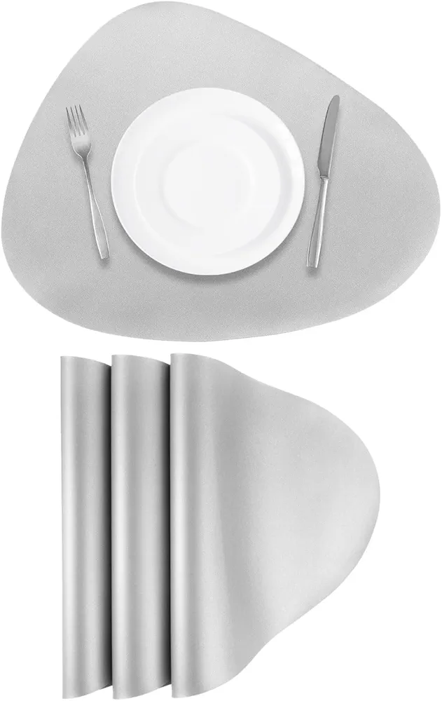 uxcell 4 Pcs Faux Leather Placemats for Dinner Table, PU Leather Drop-Shaped Table Mats Placemats Heat Resistant Waterproof Oil Proof Kitchen Placemats (Silver)