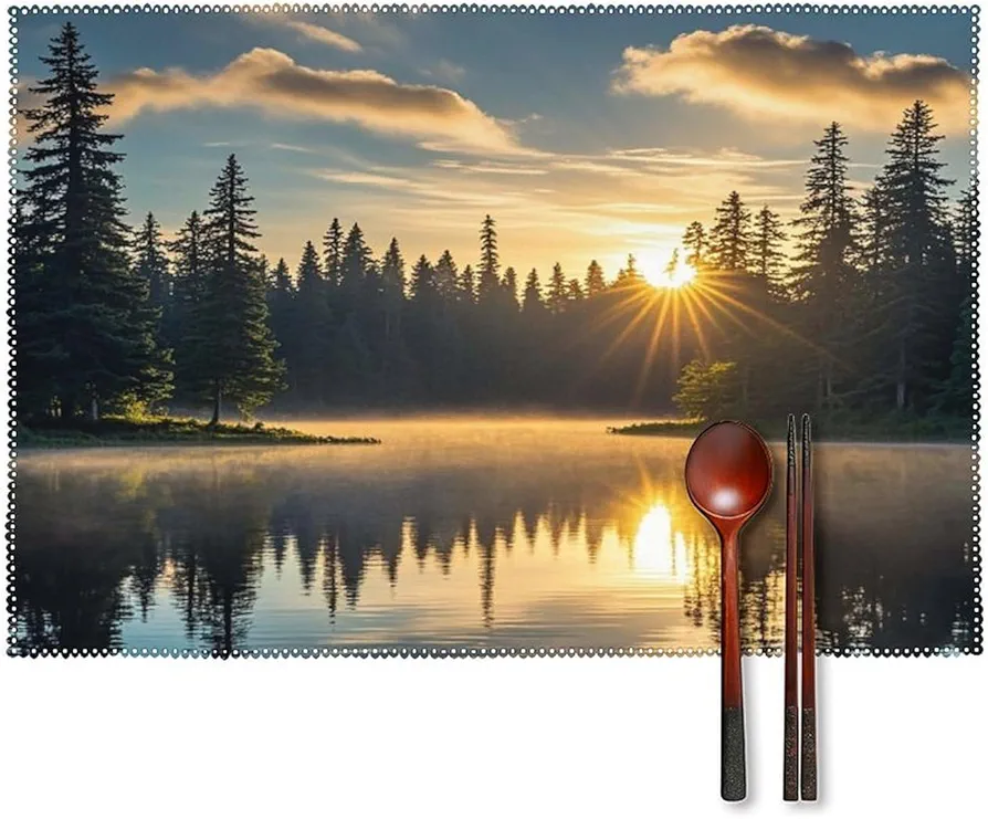 Placemats Set of 4 Heat Resistant Placemats Sunrise on The Lake Printed Table Mats for Dining Table for Kitchen Dining Table Decoration Indoor Outdoor