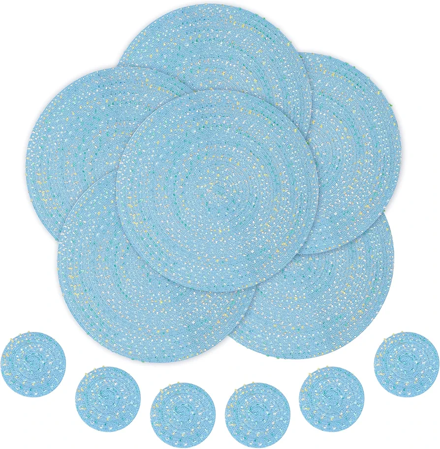 fanquare Cute Woven Placemats and Coasters Set of 6 Blue Round Placemat with Sparkles Fabric Heat Resistant Place Mat for Dining Table Décor