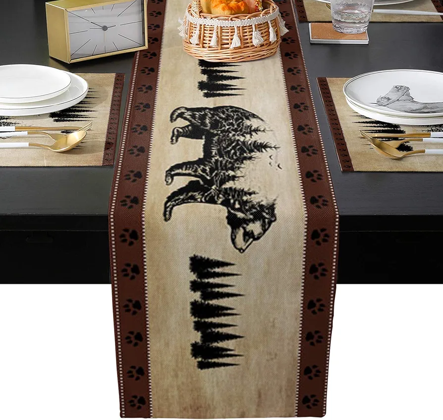 Cabin Table Runner with Placemats Set of 4 Vintage Black Bear Pine Tree Heat Resistant Placemats Rustic Non-Slip Washable Kitchen Table Mats for Family Dining Table Parties, 13 x 90 inches