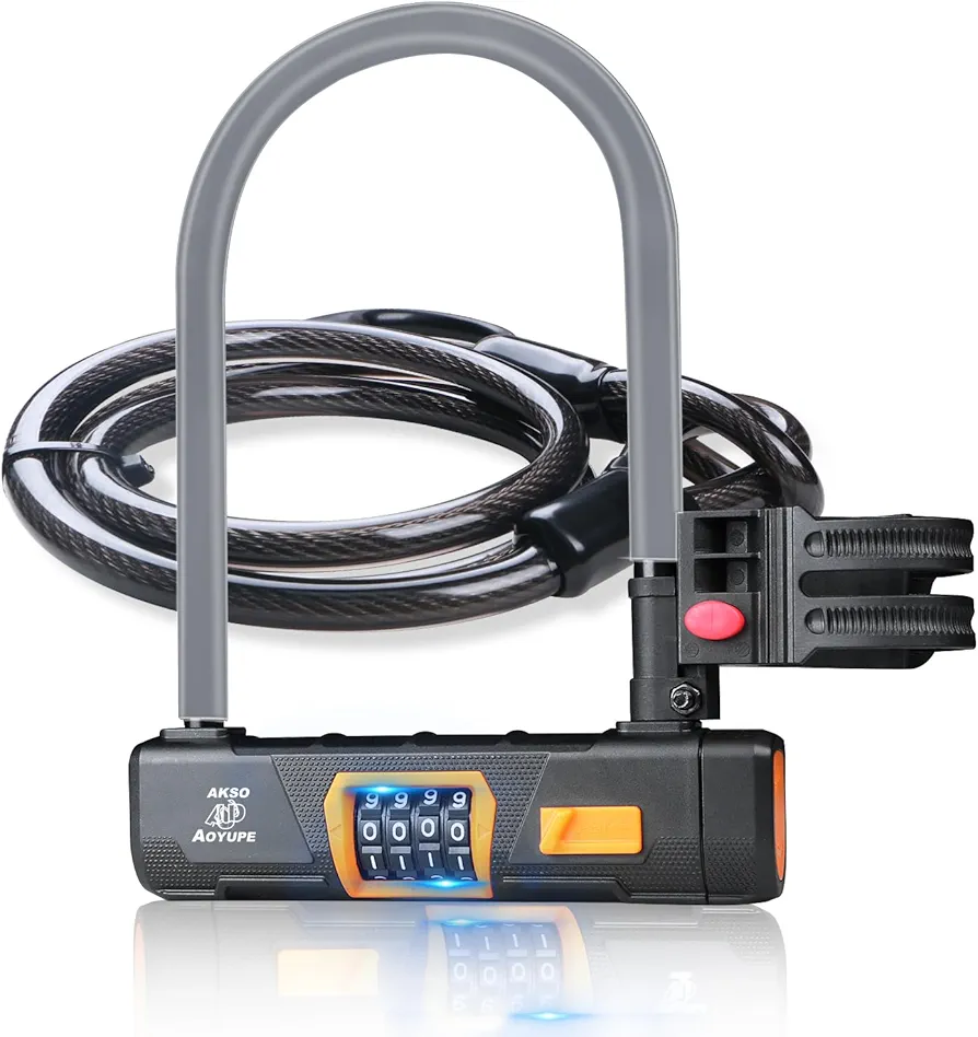 Grey Silicone 4-Digit Resettable Combination Heavy Duty Anti-Theft Locks and 12mm x1.2m Cable,Keyless Lock for Outdoor,U-Lock with Sturdy Mounting Bracket,for Mountain Bikes,（1 Set）