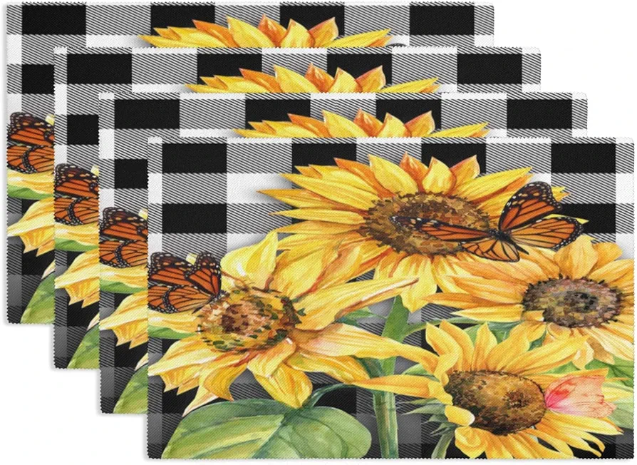 Black Plaid Yellow Sunflower Butterfly Placemats Set of 4, Washable Place Mats for Kitchen Dining Table Non Slip Heat Resistant Table Mats Placemat for Outdoor Indoor Decor