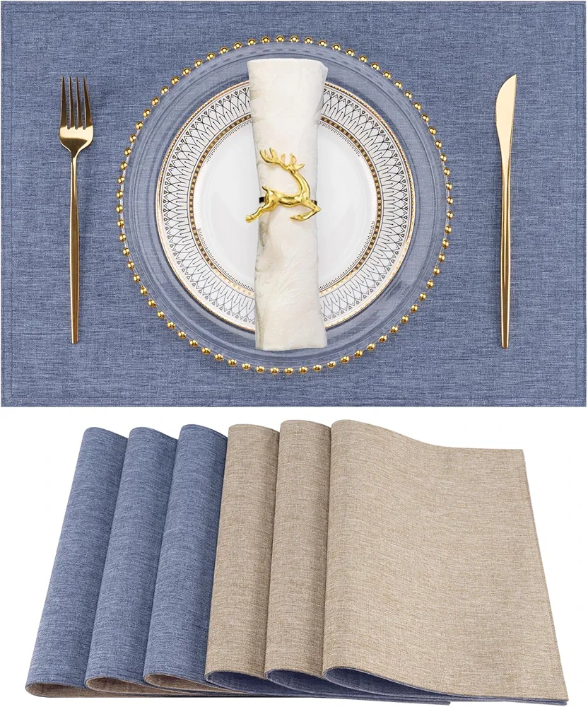 Eforcurtain Linen Style Double Layer Placemats Set of 6 Machine Washable Heat Resistant Table Mats Non Slip Cloth Fabric Rustic Farmhouse Place Mats Blue and Natural Linen