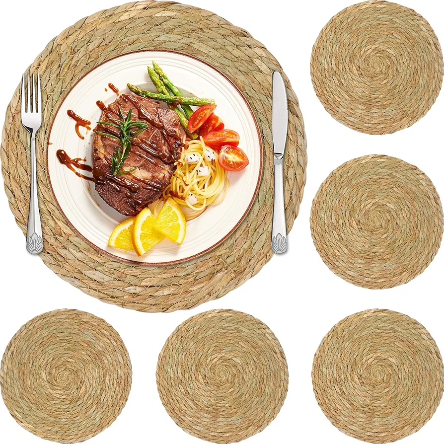 Round Placemats Set of 6, 12" Rattan Woven Placemats Non-Slip Reversible, Boho Braided Wicker Placemats Heat Resistant Farmhouse Table Decorations for Indoor Outdoor Dining Table